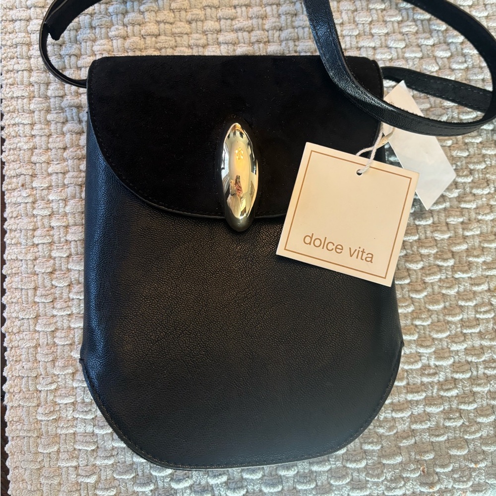 ✨NWT BagDolce Vita Perry Black Leather Bag Suede Flap & strap Gold incl Dust Bag